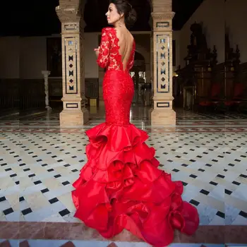 2022 новое праздничное платье с открытой спиной, быстрая доставка, кружевное красное платье с оборками в виде русалки и длинными рукавами для выпускного вечера, вечерние платья