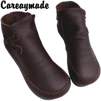 Careaymade-Новые удобные короткие ботинки из натуральной кожи на плоской мягкой подошве, женская обувь с высоким берцем, оригинальные тонкие туфли из чистой кожи