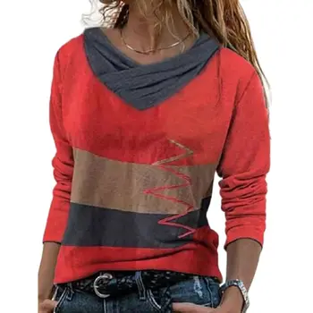 Женские футболки с V-образным вырезом Контрастного цвета с нерегулярной строчкой в полоску, Весна-Осень, Уличная хипстерская одежда с длинным рукавом, Женские футболки