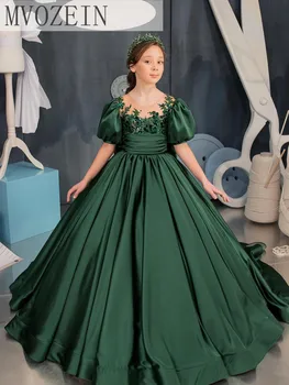 Зеленое платье принцессы, Кружевное платье с цветочным узором для девочек, атласное платье с милым бантом для девочек, Детское платье, детское платье для девочек, праздничное платье