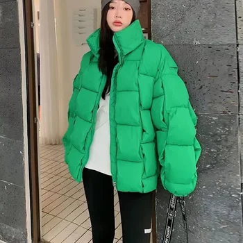 Зима 2023, теплая и толстая куртка для женщин, модное пальто в объемную клетку, однотонная уличная пуховая куртка
