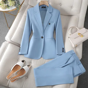 Синие костюмы для женщин 2023, Модный Офисный женский Блейзер на одной пуговице с длинным рукавом, шикарные брюки с высокой талией, Комплект из 2 предметов в корейском стиле
