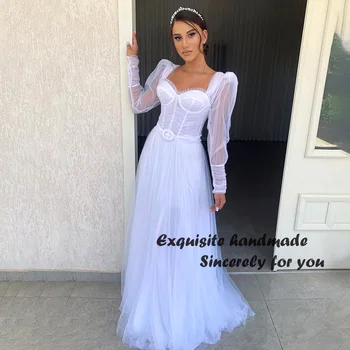 Элегантные Белые свадебные платья со складками, Тюлевые свадебные платья с длинным рукавом, Длинные Израильские свадебные платья для подружек невесты